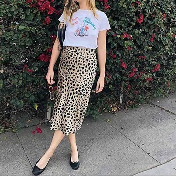 New Leopard Midi Skirt Waistband Silk Satin Skirts - Picture 4 of 8